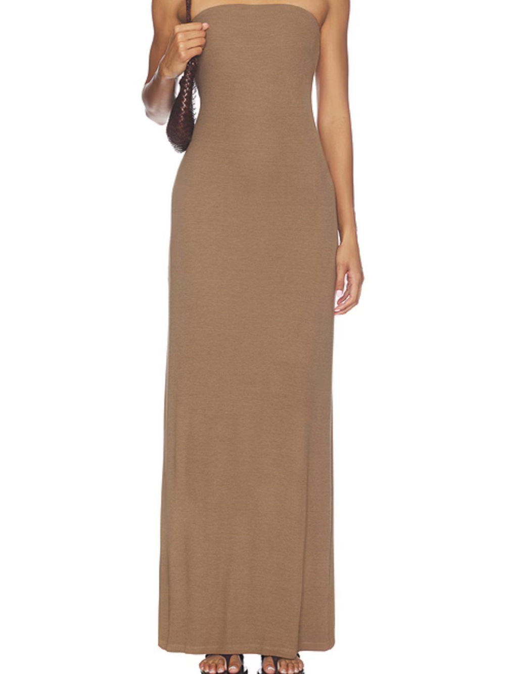 Enza Costa Silk Rib Strapless Fluid Dress in Army Brown Small Maxi